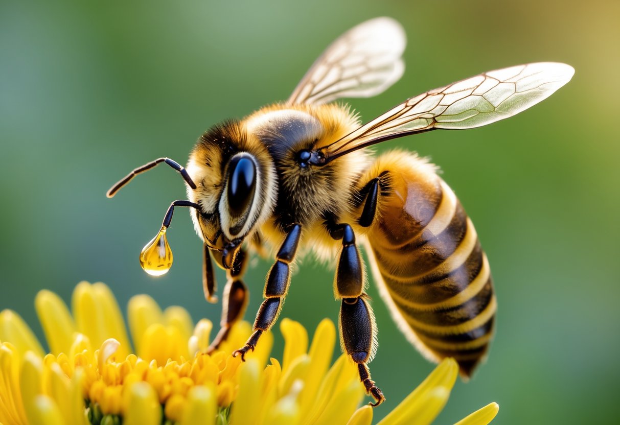 A honeybee on a yellow flower with a drop of honey on its antenna.