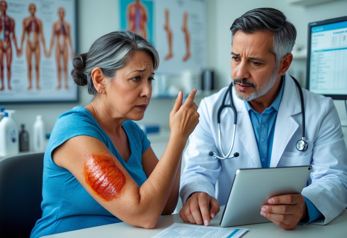 A woman with a red, swollen wrist sitting in a medical exam room talking to a doctor who is showing her information on a tablet.