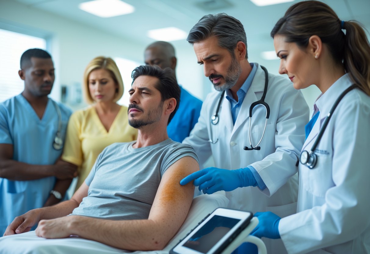 A healthcare professional examining a patient with a mild skin rash on their arm in a modern clinic room.
