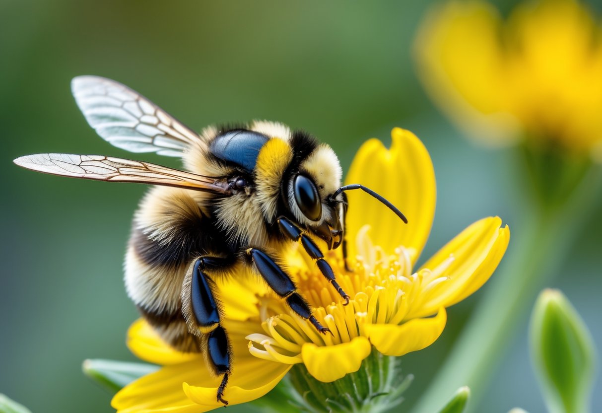 A bumble bee sitting on a yellow flower with green blurred background.