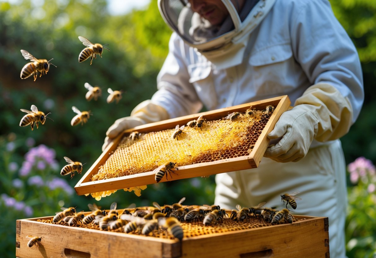 A beekeeper holding a honeycomb frame covered with bees inside a beehive surrounded by flowers.