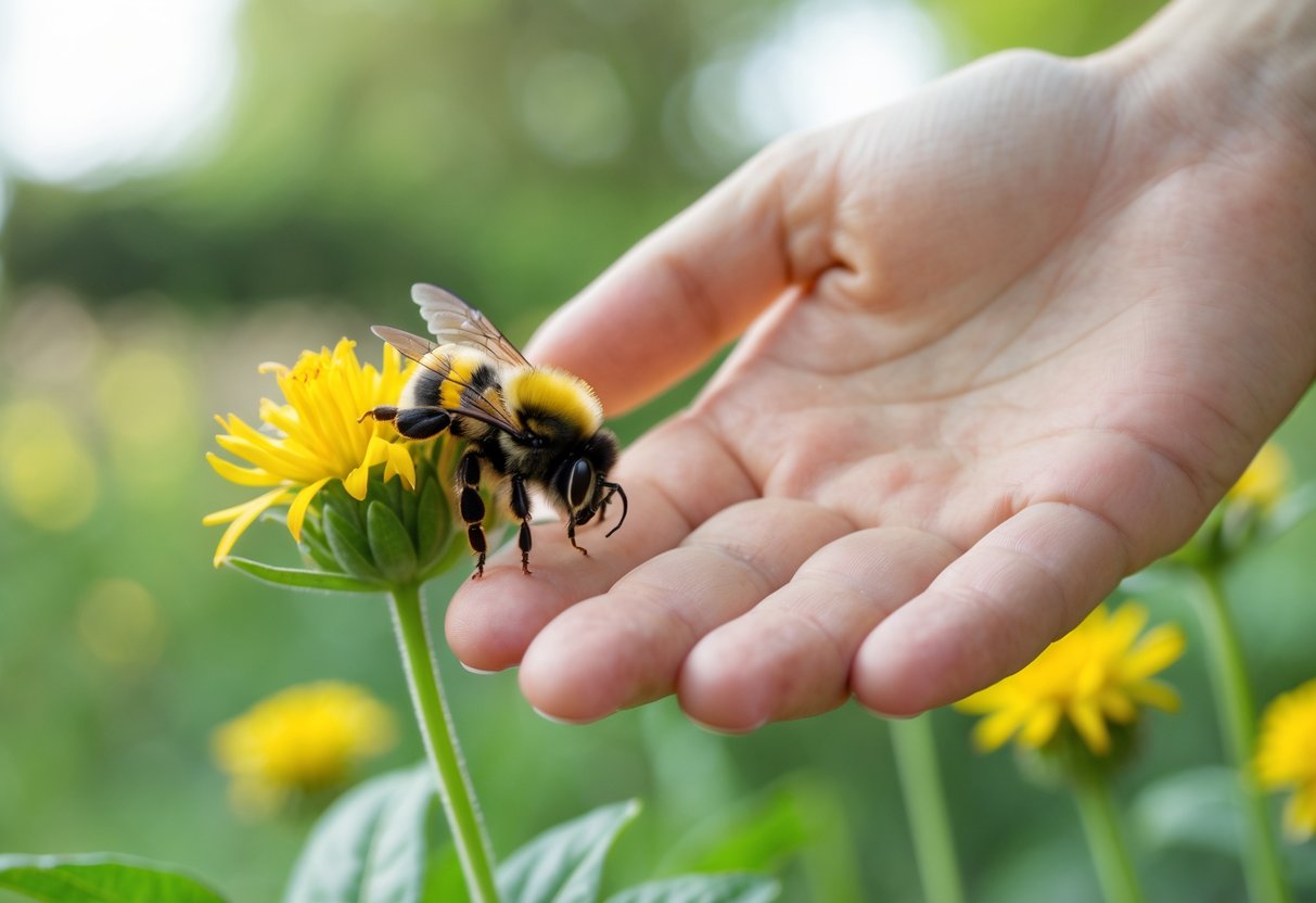 A person reaching out their hand toward a bumblebee resting on a yellow flower outdoors.