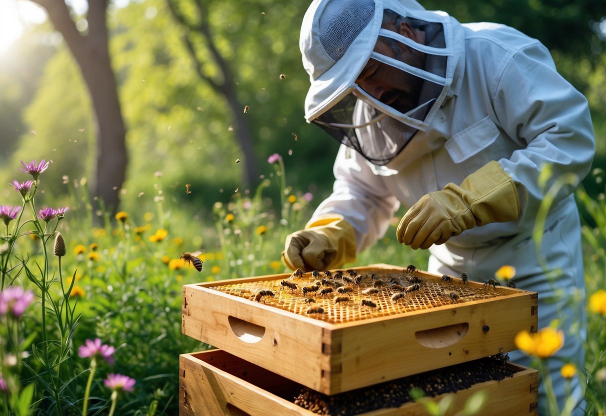 A beekeeper gently inspecting a healthy bee colony on a honeycomb surrounded by wildflowers and greenery.