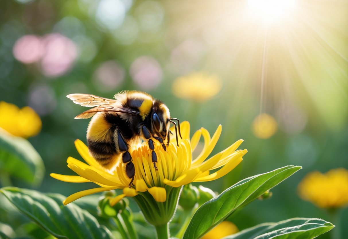 A bumblebee resting on a yellow flower in a green garden.
