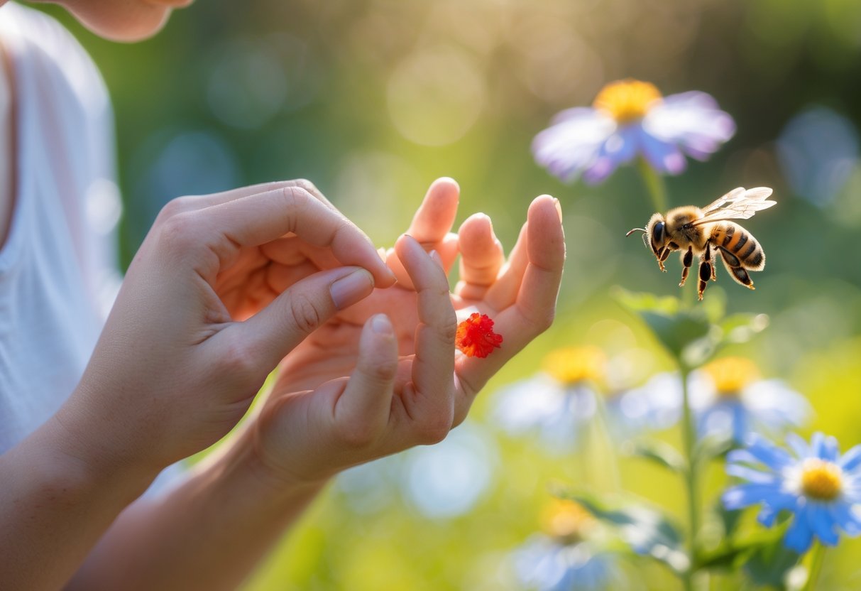 A person looking at a small red swollen spot on their arm caused by a bee sting with a bee nearby in a garden.
