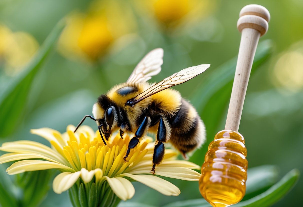 A bumblebee on a yellow flower with a honey dipper dripping honey nearby against a blurred green background.