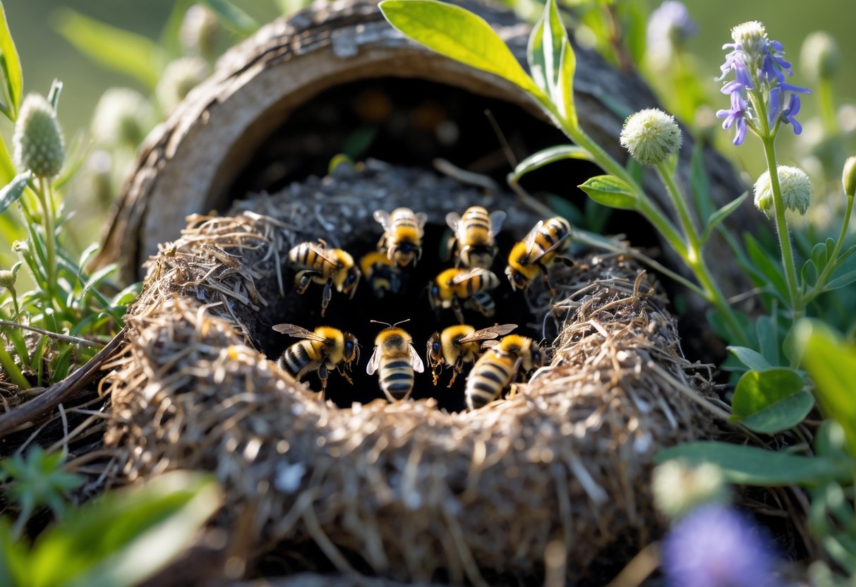 A bumblebee nest with several bumblebees clustered around the entrance in a natural outdoor environment surrounded by plants and flowers.