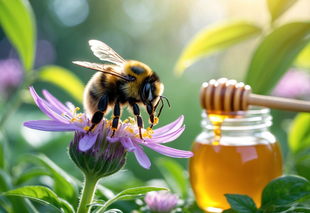 A bumblebee on a flower with a blurred jar of honey and honey dipper in the background.