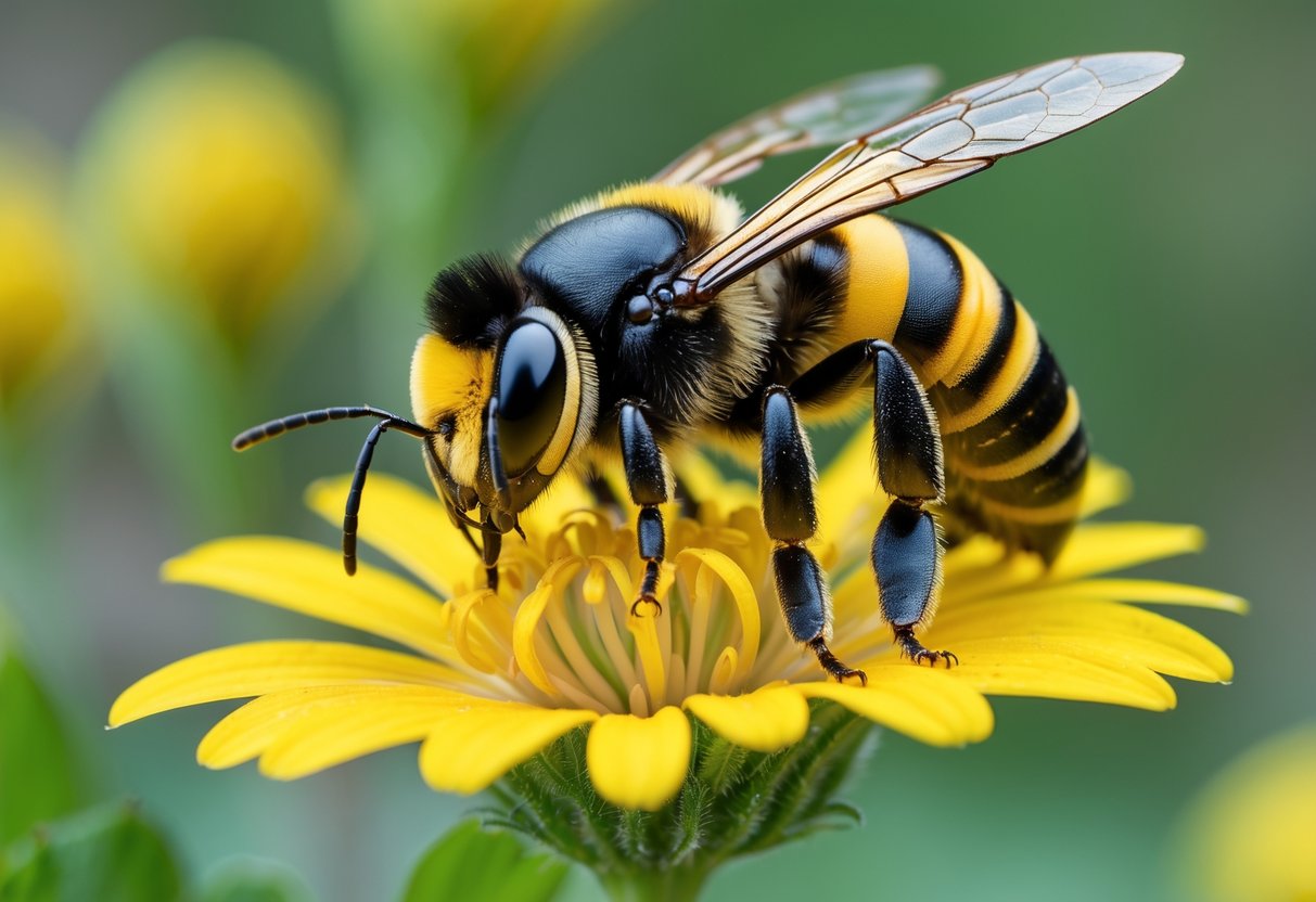 A close-up of a killer bee sitting on a yellow flower with green leaves in the background.