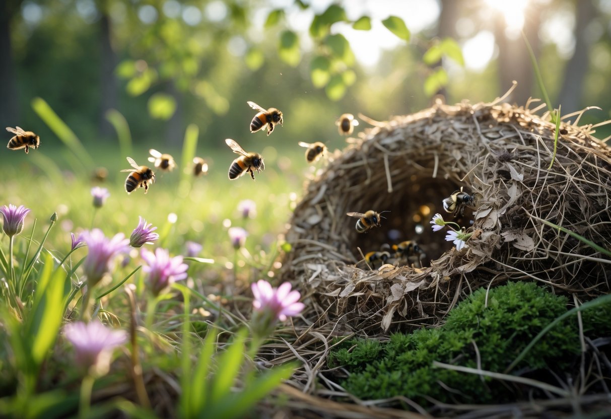 Bumblebees flying near an old abandoned nest surrounded by grass and wildflowers in a sunlit forest clearing.