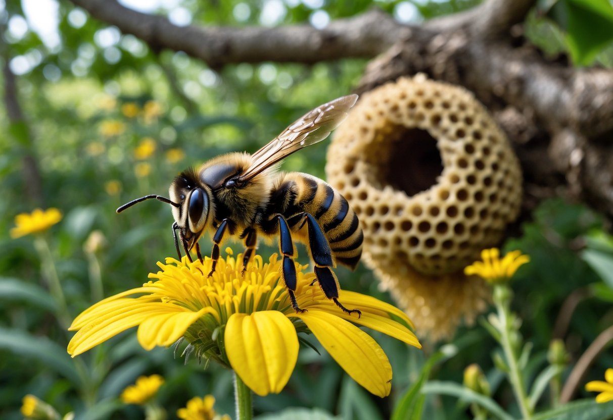 Close-up of a killer bee on a yellow flower with green plants and a bee nest on a tree branch in the background.