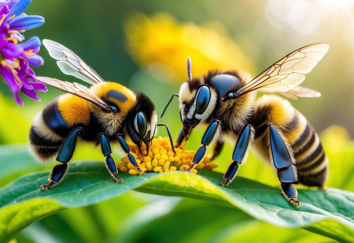 Close-up of a bumblebee and a queen bee on green leaves showing their size and appearance differences.
