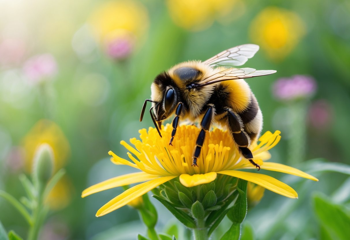 A bumble bee sitting on a yellow flower in a garden.