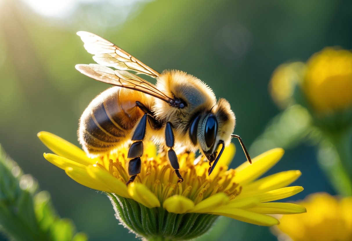 A close-up of a honeybee resting on a yellow flower petal with green foliage in the background.