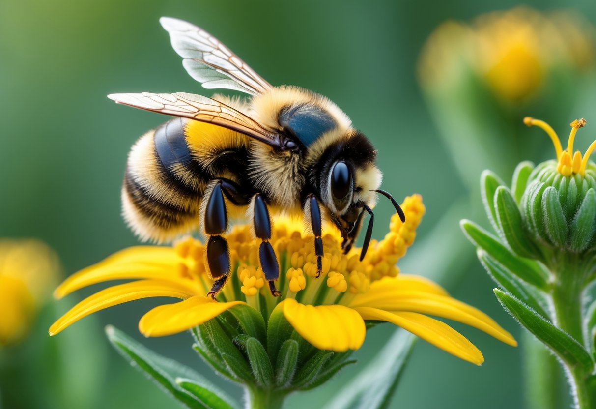 Close-up of a large bumble bee on a yellow flower with green blurred background.