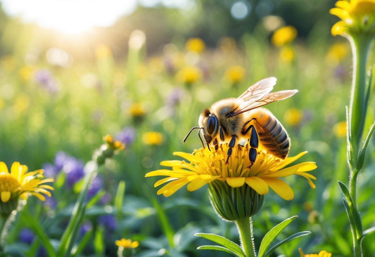 A close-up of a honeybee resting on a yellow flower in a sunlit meadow with wildflowers and green plants around.
