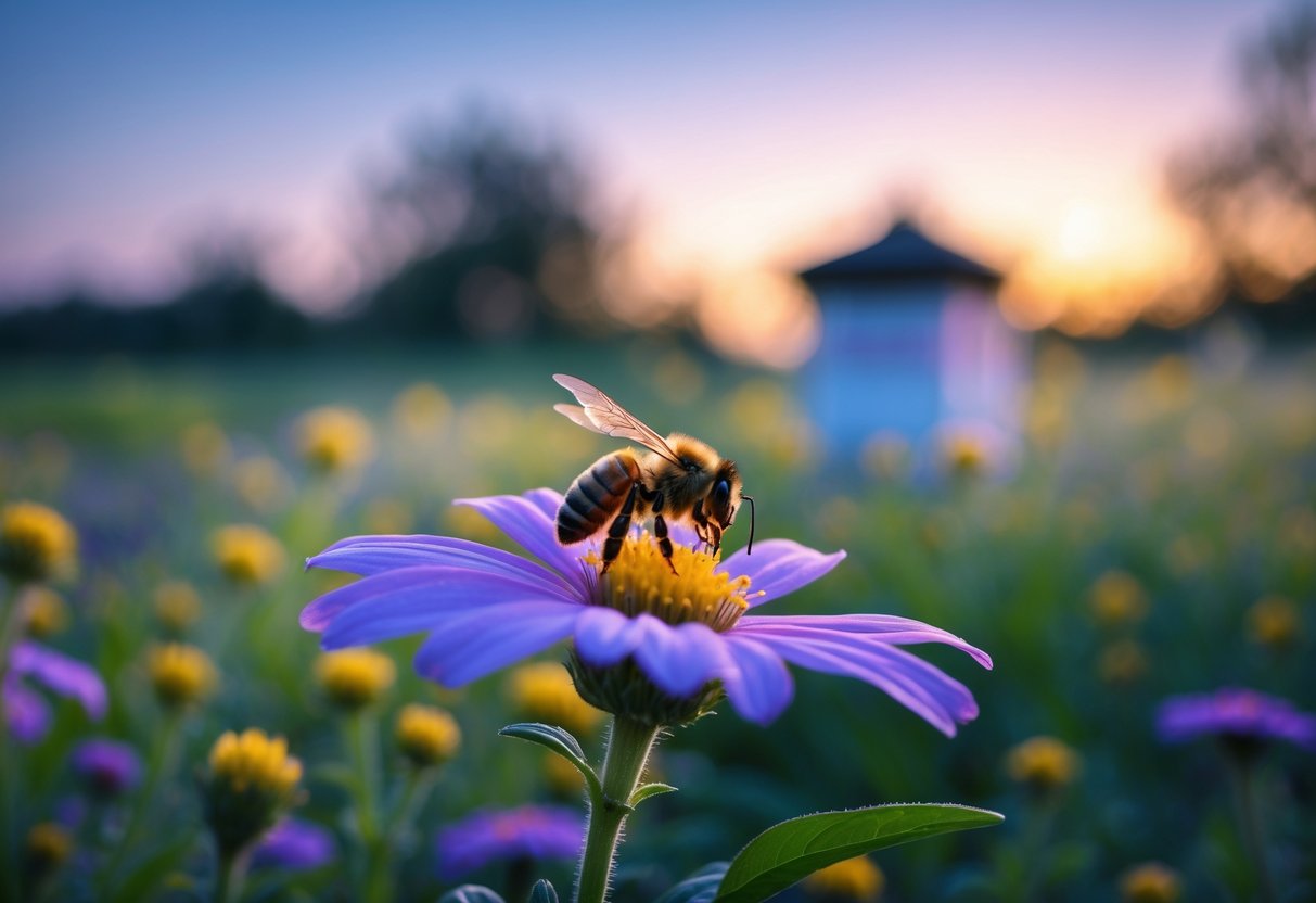 A close-up of a honeybee resting on a flower at dusk with a blurred natural background.