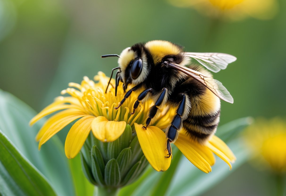 A close-up of a bumblebee sitting on a yellow flower with green foliage in the background.