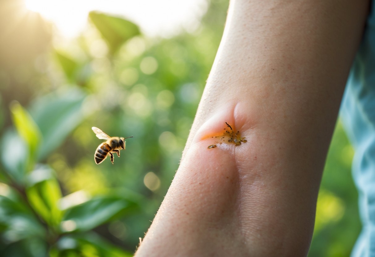 Close-up of a person's arm with a fresh bee sting showing slight redness and swelling, with a bee flying nearby outdoors.