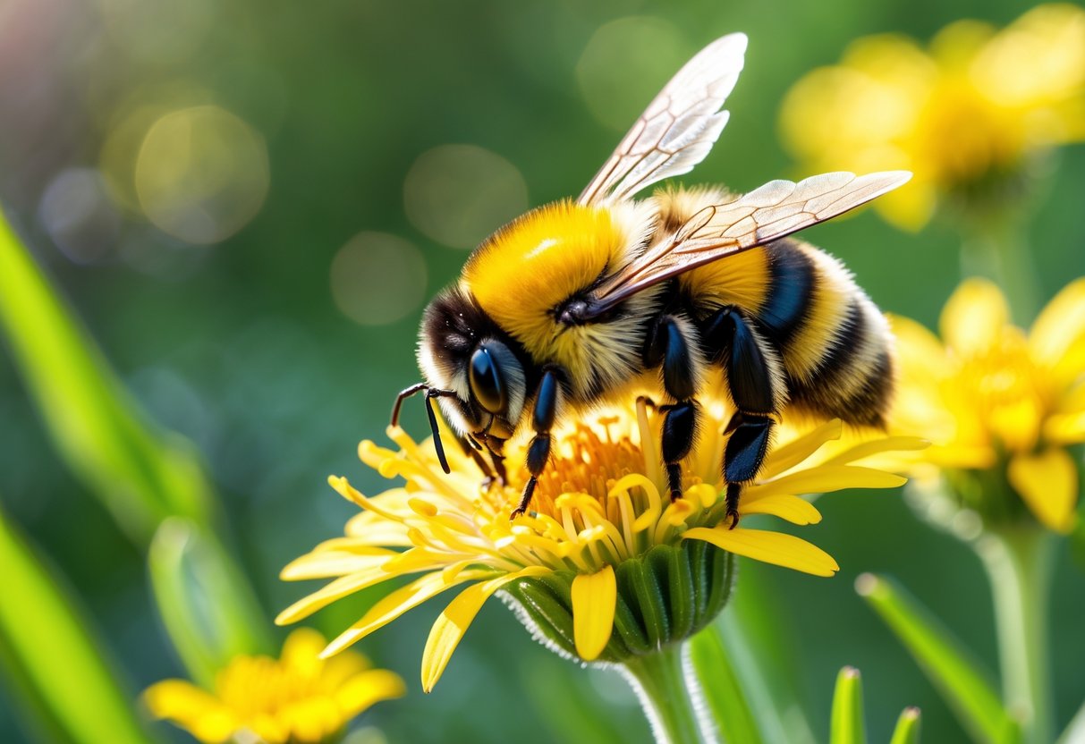 A bumblebee collecting nectar from a yellow flower in a green garden.