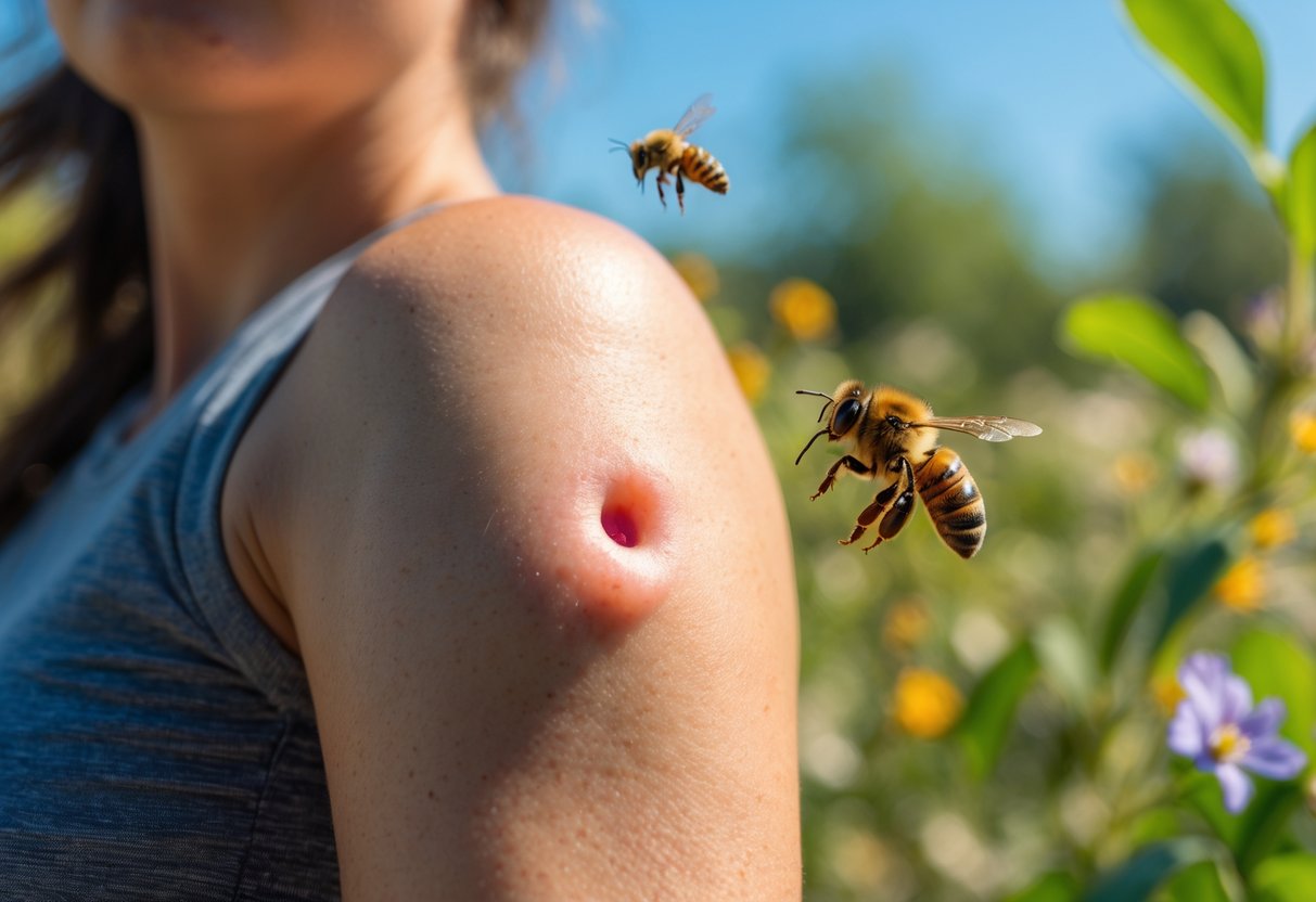 A person outdoors showing a red swollen area on their arm from a bee sting with a bee flying nearby.