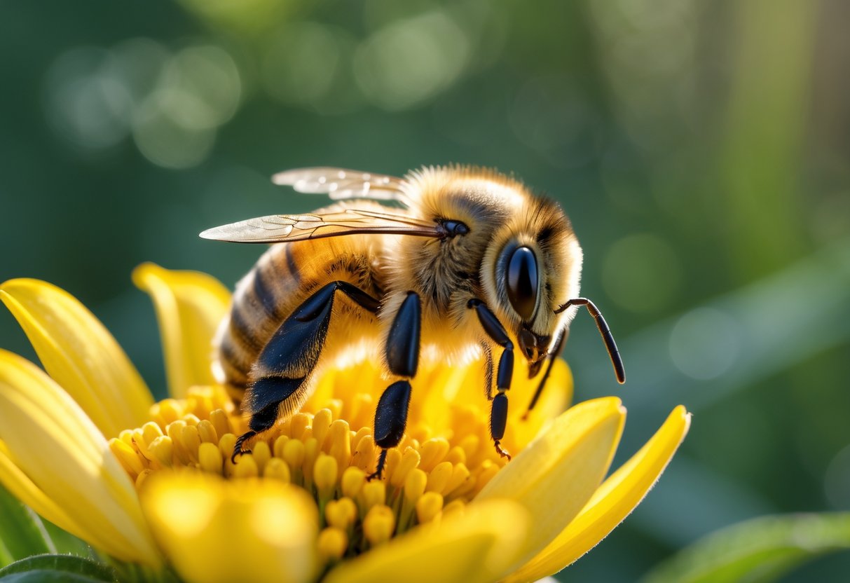 A close-up of a honeybee resting on a yellow flower petal with drooping wings and a lowered posture.