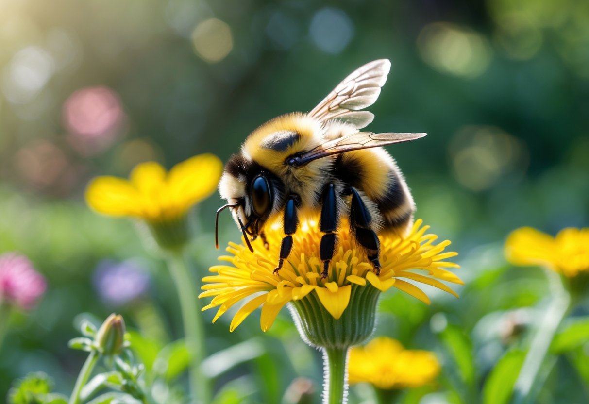 A bumblebee resting on a yellow flower in a garden with green plants in the background.