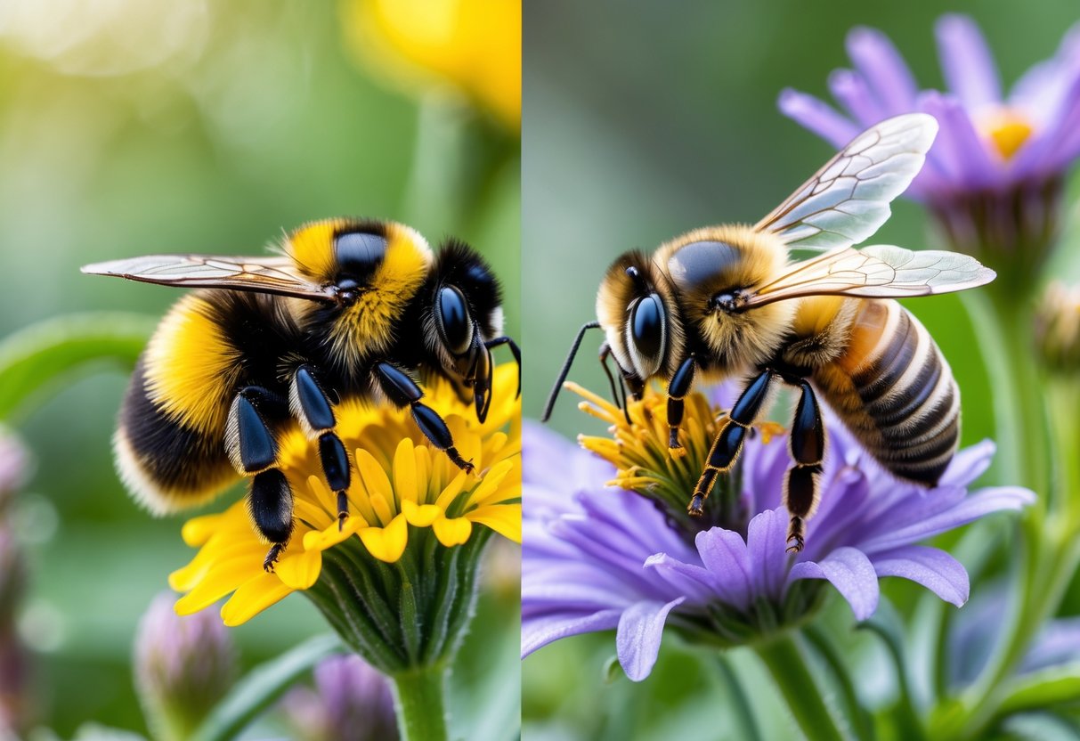 A bumblebee and a honeybee on different flowers in a garden.