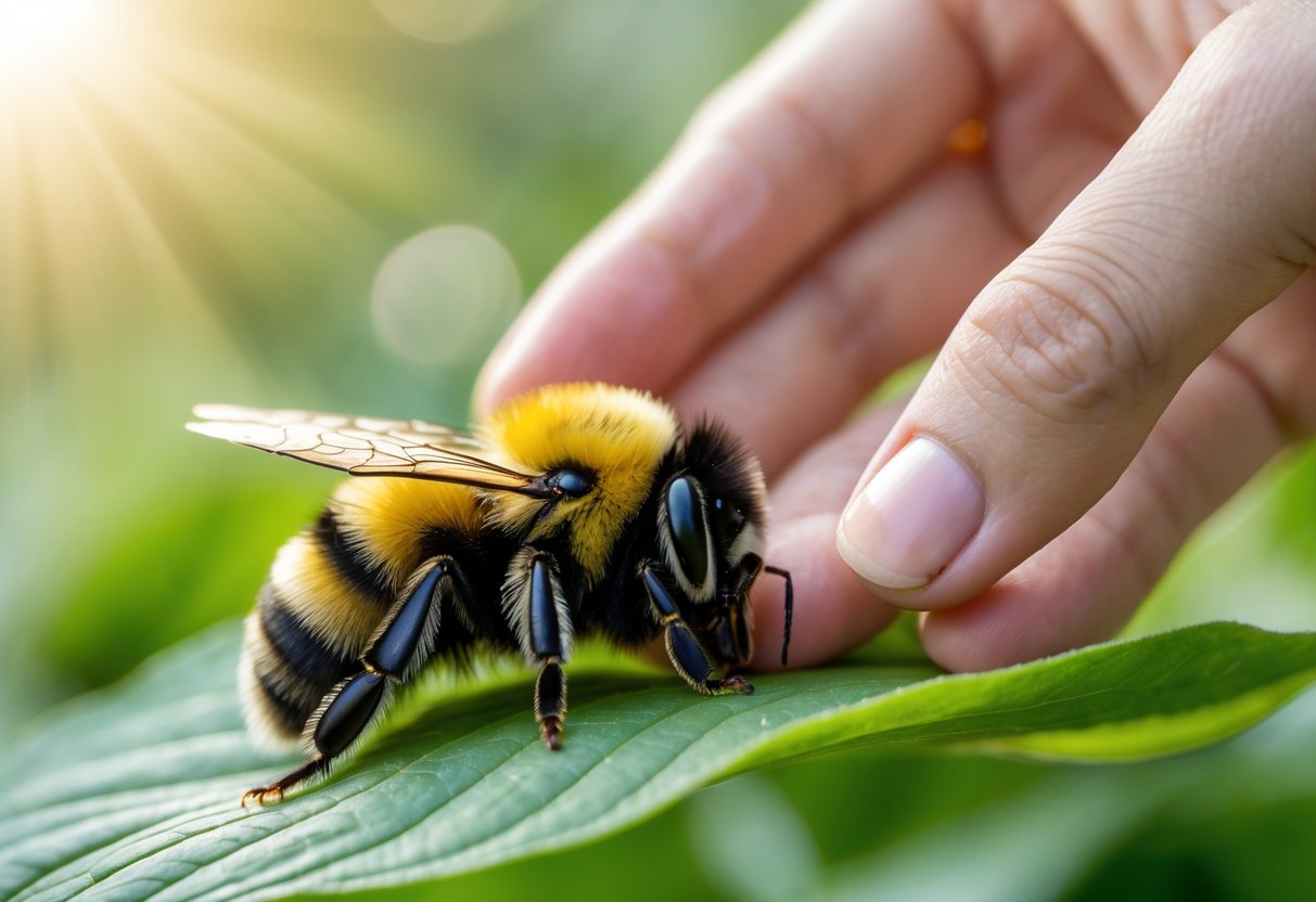 A close-up of a person gently reaching out to a weak bumblebee resting on a green leaf.