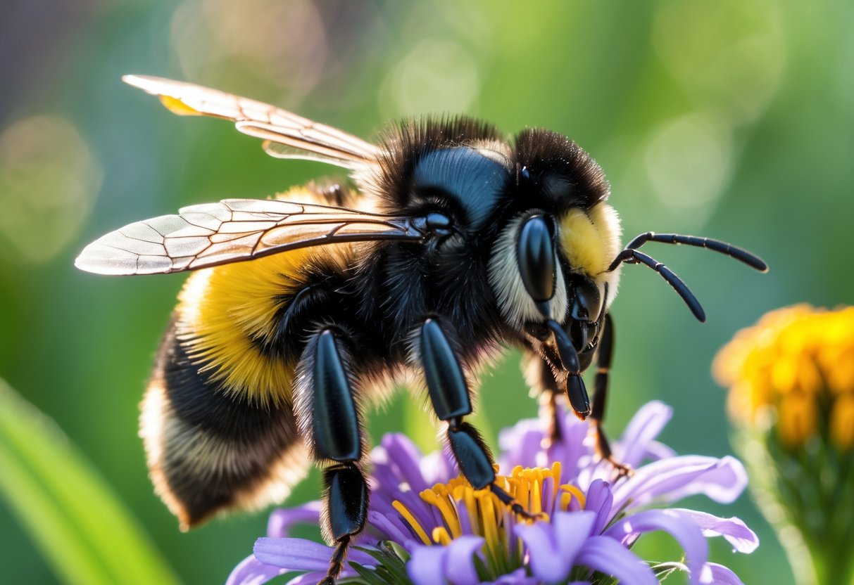 A close-up of a bumblebee on a flower showing detailed features of its body and wings.
