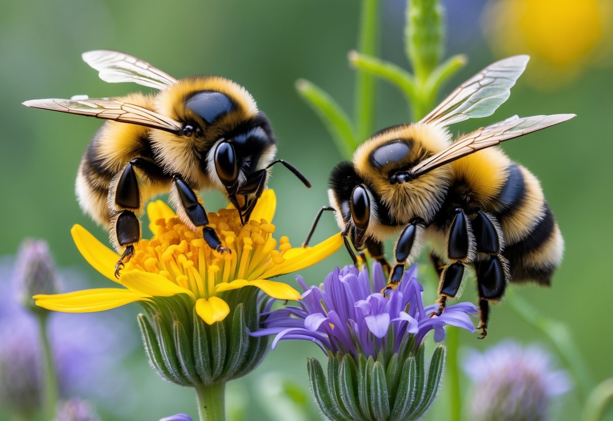 Two bumblebees on different wildflowers in a meadow, one female collecting pollen and one male nearby.