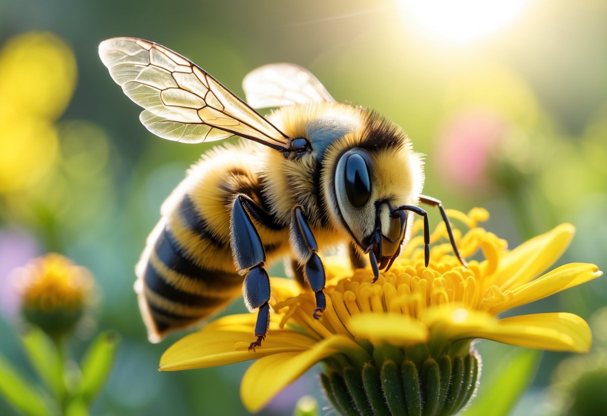 A close-up of a bee resting on a yellow flower in a garden.