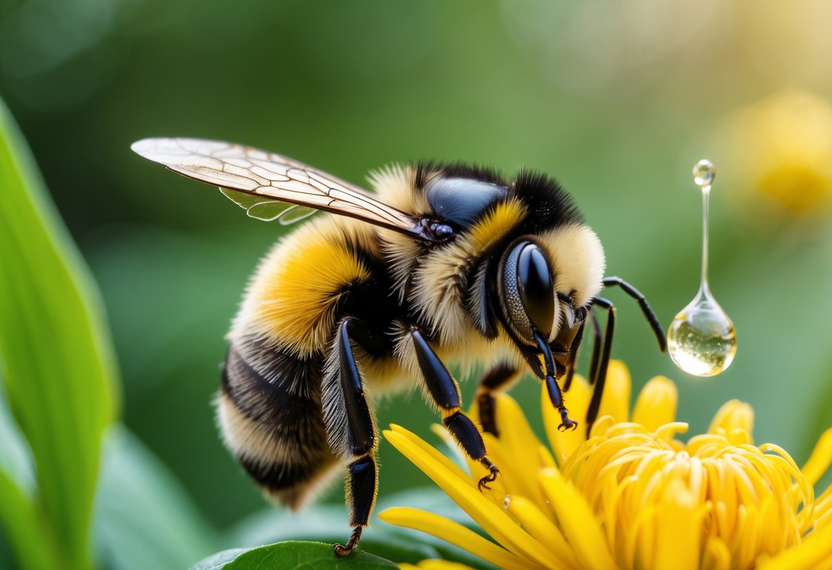 A bumblebee sitting on a yellow flower with a small droplet of honey on a nearby leaf.