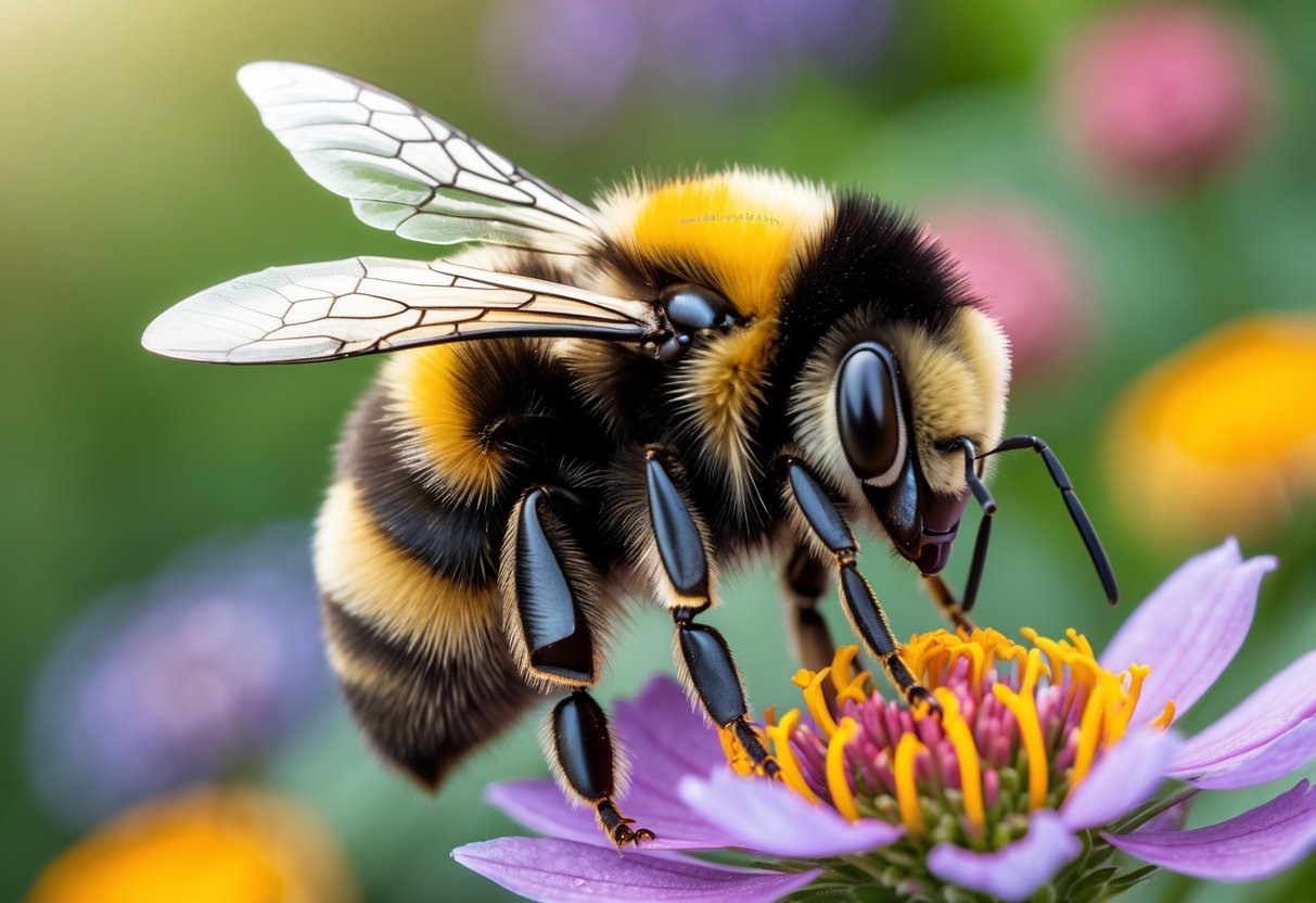 Close-up of a large queen bumblebee sitting on a colorful flower in a garden.