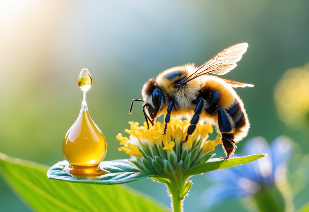 A bumblebee resting on a flower near a drop of honey on a leaf in a garden.