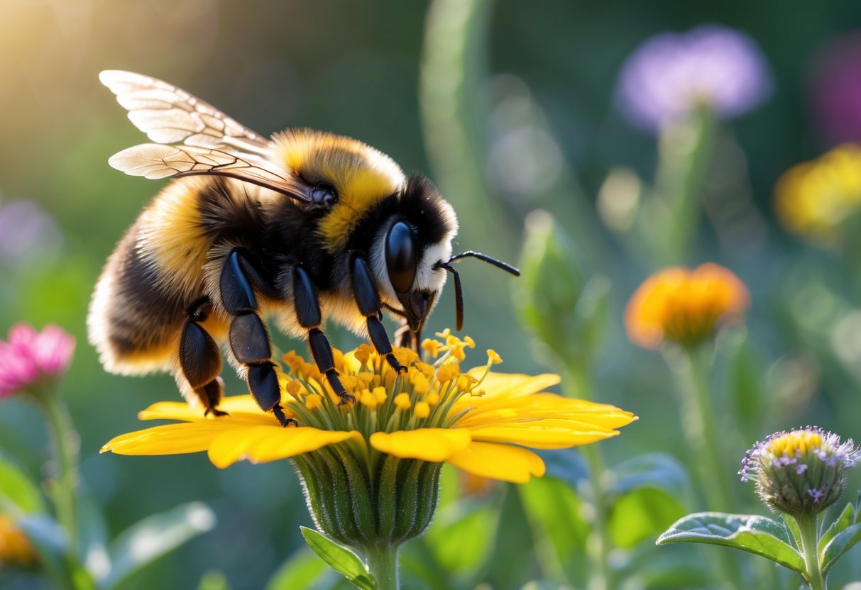 A bumblebee collecting nectar from a yellow flower in a garden surrounded by green plants and colorful flowers.