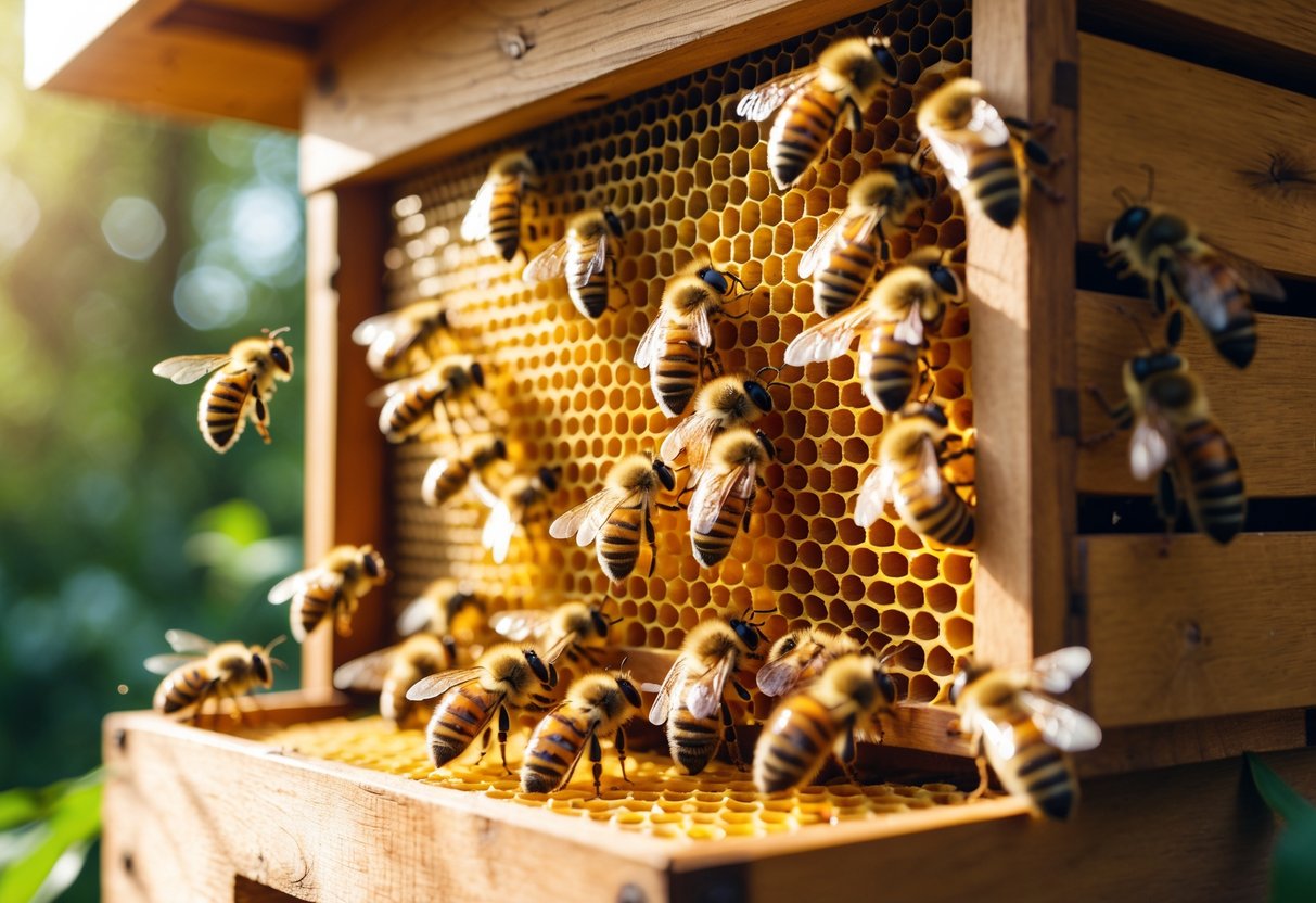 Close-up view of a beehive with many bees clustered on honeycomb inside a wooden hive box outdoors.