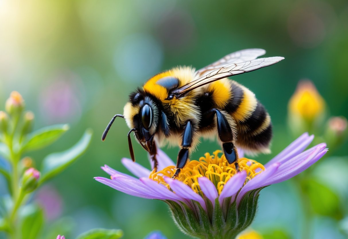 A large bumblebee queen sitting on a colorful flower in a garden.