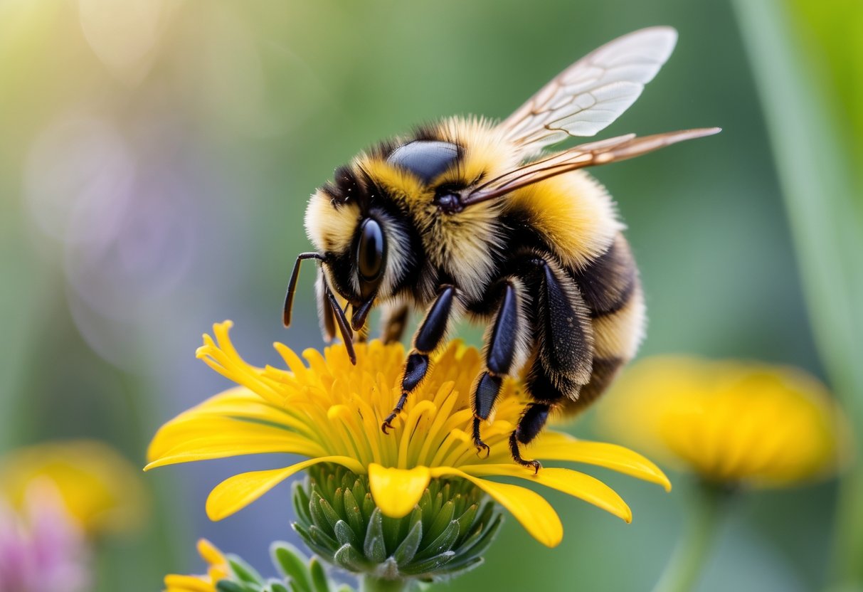A bumblebee collecting pollen from a yellow flower outdoors.