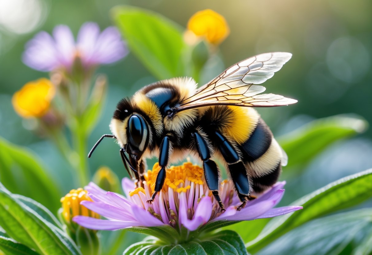 A close-up of a bumblebee queen resting on a flower surrounded by green leaves and colorful blossoms.