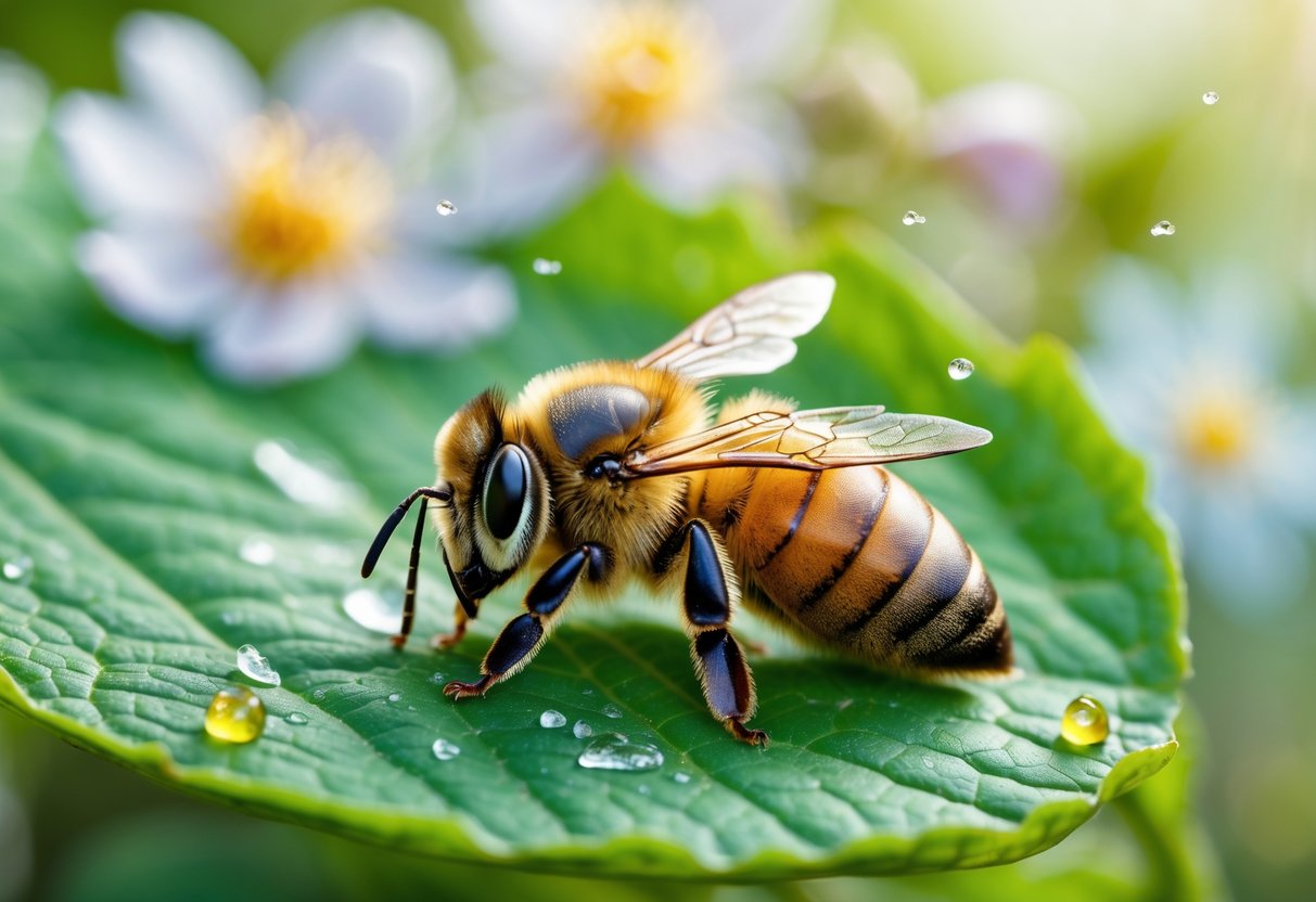 A close-up of a honey bee lying on a green leaf surrounded by flowers and dew drops.