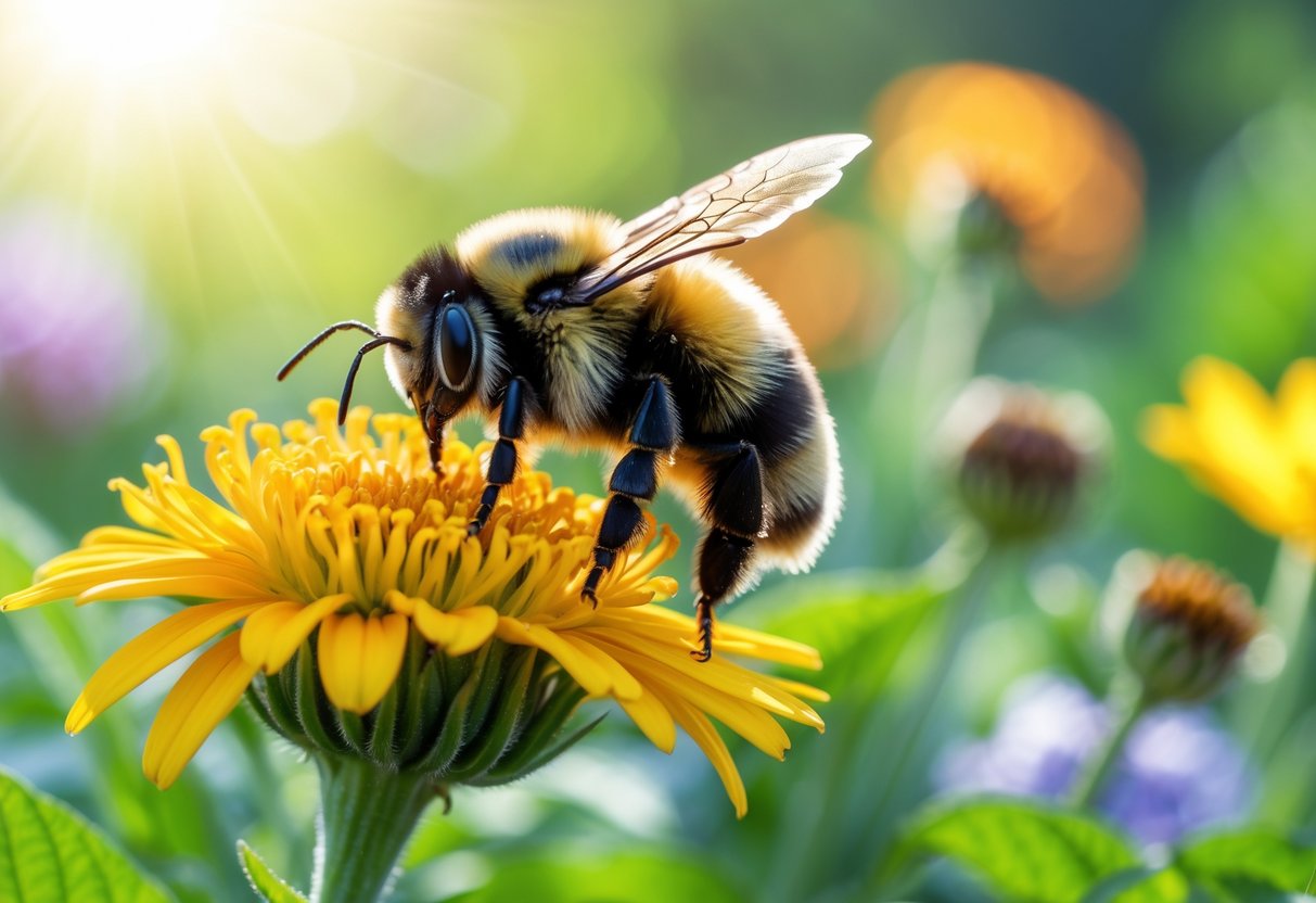 A bumblebee sitting on a yellow flower with green leaves and other flowers in the background.