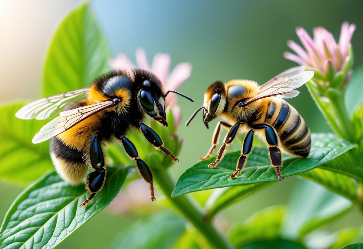 A close-up view of a bumblebee and a honey bee on green leaves, showing their size and color differences.
