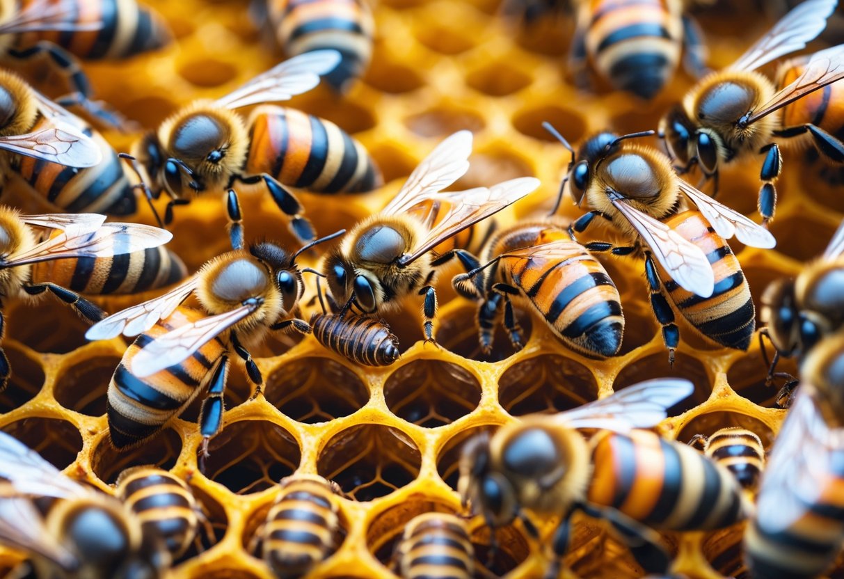 Close-up of honey bees inside a hive removing a dead bee from the honeycomb.