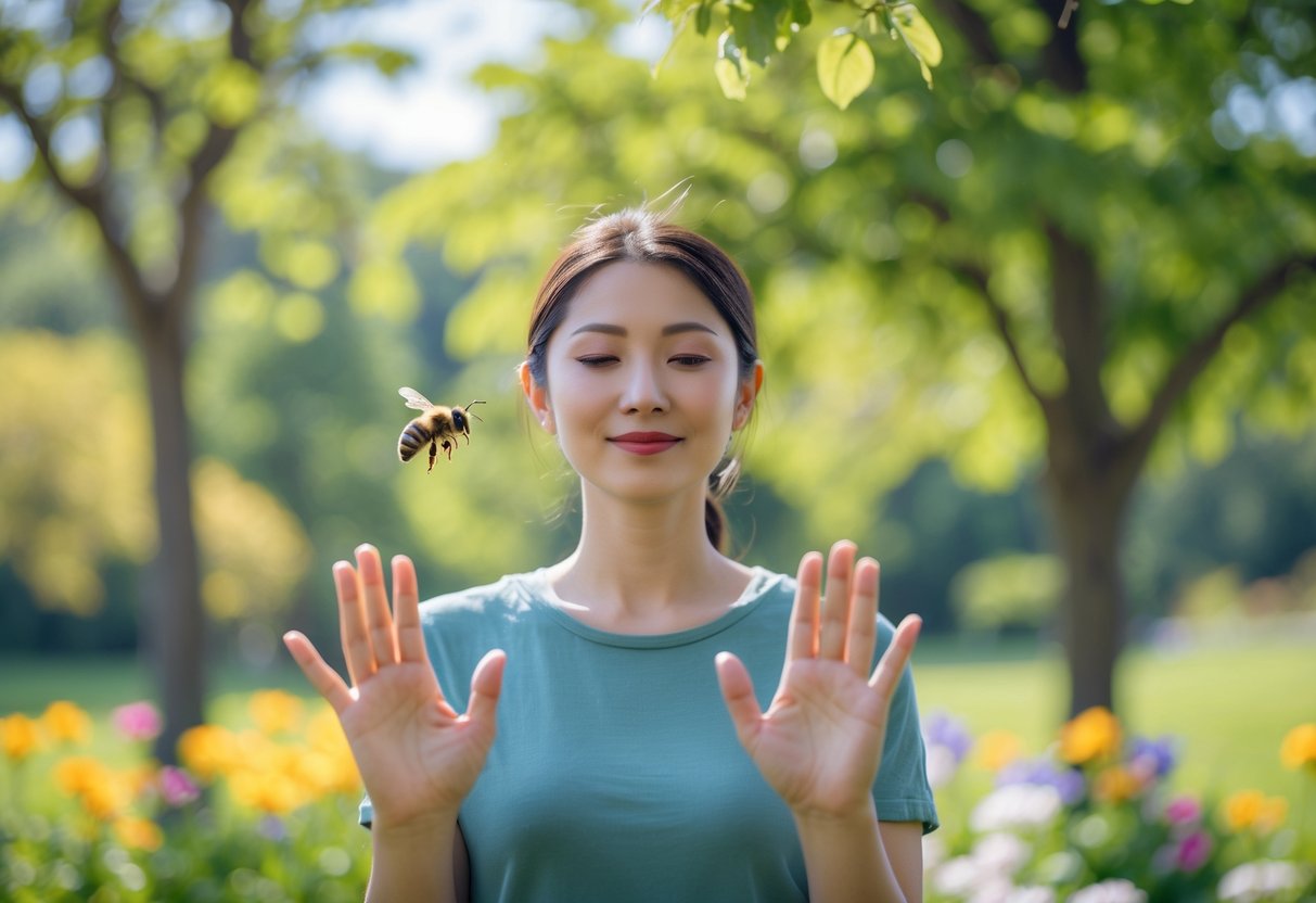 A person calmly standing outdoors with a bee flying near their face.