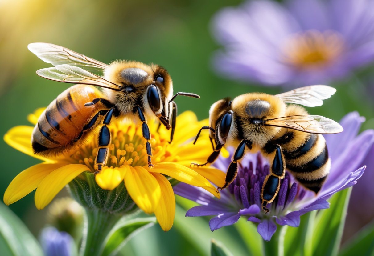 A close-up of a honey bee on a yellow flower and a bumble bee on a purple flower, showing their size and color differences.