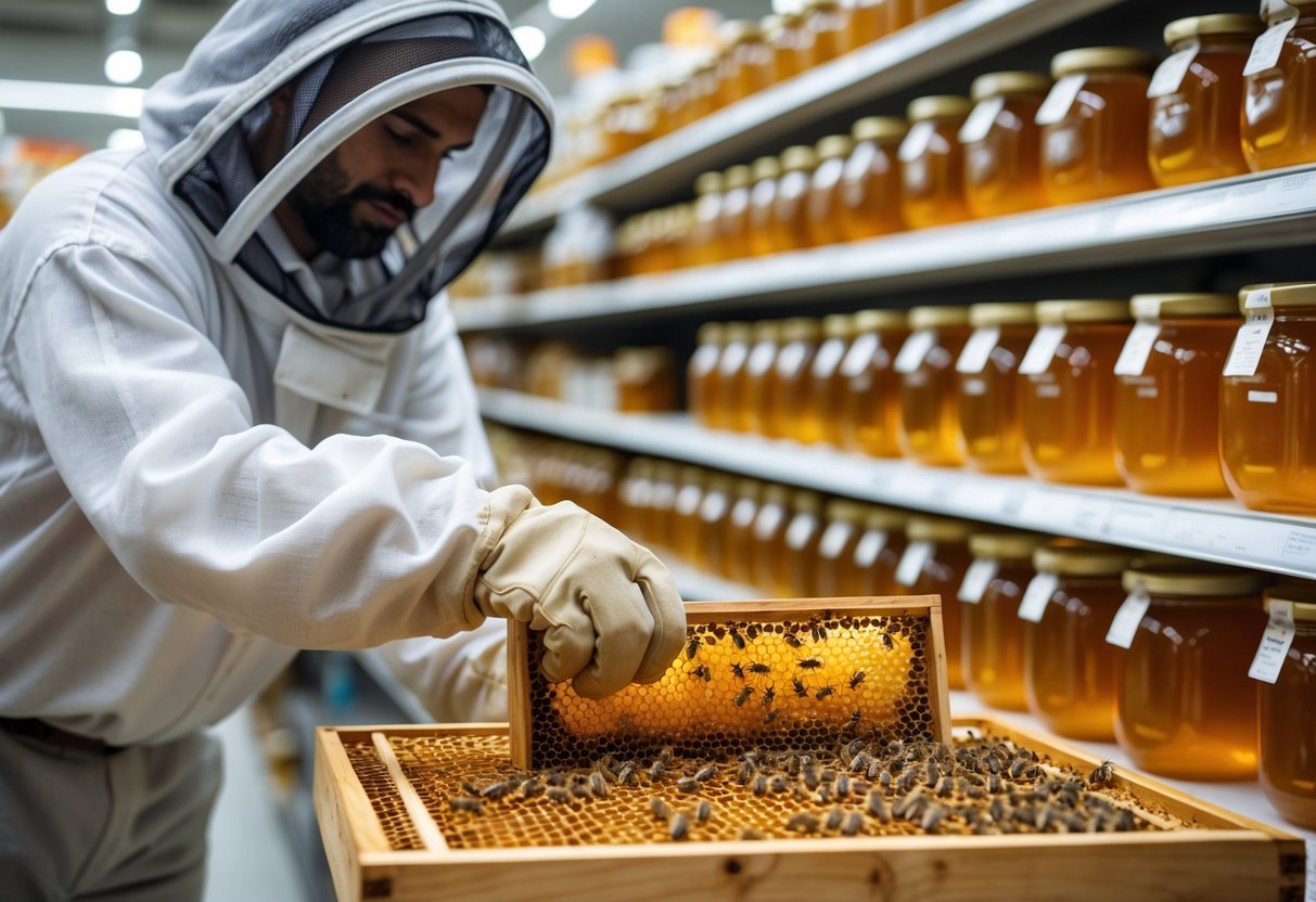A beekeeper holding a honeycomb frame with bees, with supermarket shelves of honey jars blurred in the background.