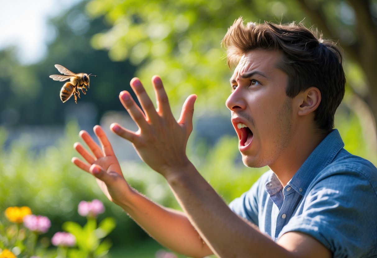 A person outdoors waving their hands frantically near a bee flying close by in a garden setting.