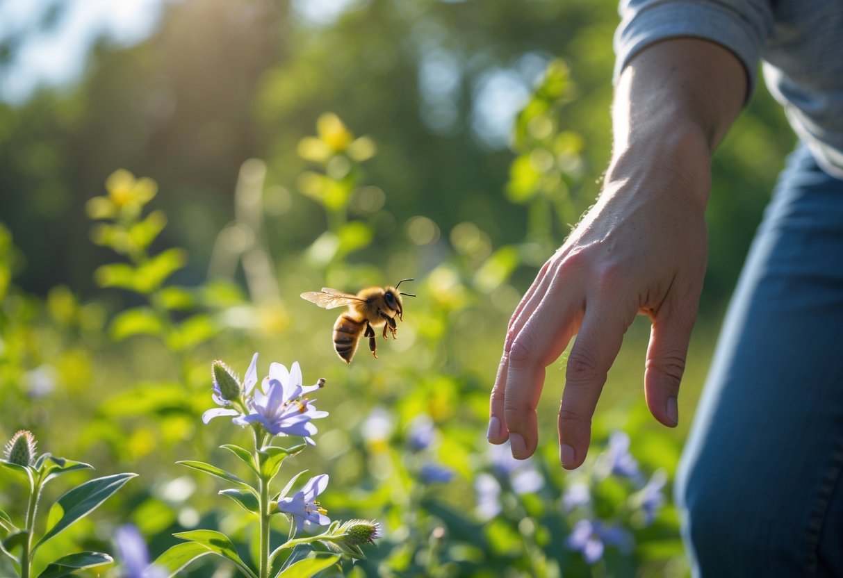 A person calmly watching a bee hovering near a flower in a garden.