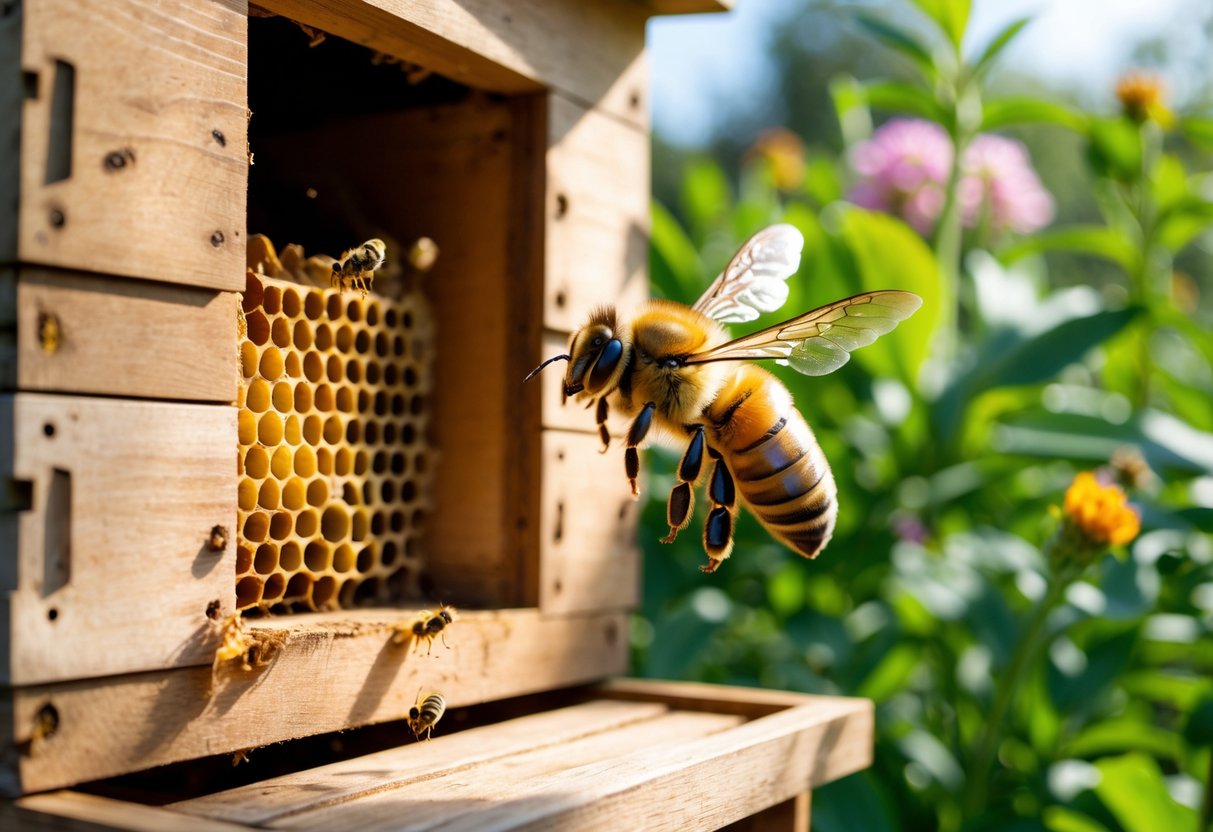 A honey bee flying just outside the entrance of a wooden beehive surrounded by green plants and flowers.